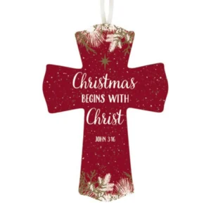 Decorative wood hanging plaque featuring the text Christmas Begins With Christ and John 3:16 scripture with a festive ribbon hanger