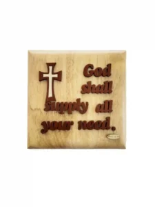 A 6x6 square plaque from our special offers collection featuring the scripture God shall supply all your need, displayed on a metal stud-screw stand.