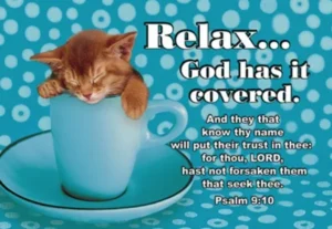A small inspirational pocket card with the theme Relax, used as a religious prayer card to encourage faith-based conversations and personal reflection.