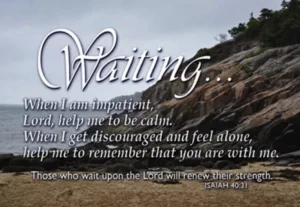 A small inspirational pocket prayer card featuring the word Waiting with a thoughtful message for sharing faith and sparking evangelical conversations.