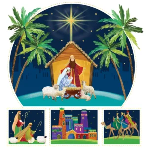 A pack of 20 The Leprosy Mission Christmas cards featuring four unique nativity story illustrations with religious greetings inside.