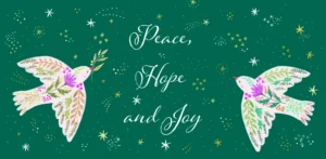 A pack of 10 The Leprosy Mission Christmas cards featuring a festive Peace, Hope and Joy design with elegant seasonal artwork printed in the UK.