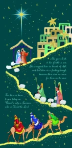 A pack of 10 The Leprosy Mission Christmas cards featuring a festive nativity design and the Bible verse about the birth of Jesus.