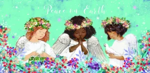 A pack of 10 The Leprosy Mission Christmas cards featuring an elegant angels design, printed on eco-friendly paper with Happy Christmas greeting.