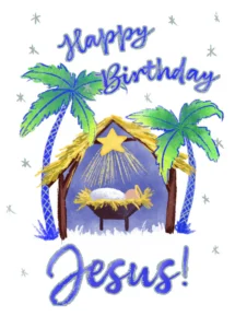A pack of 10 The Leprosy Mission Christmas cards featuring a Happy Birthday Jesus design with elegant silver foil detailing.