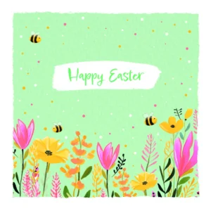 Set of four Spring Bees themed Easter greeting cards with matching envelopes, featuring eco-friendly floral and bee illustrations for the holiday season.
