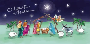 A pack of 10 nativity-themed The Leprosy Mission Christmas cards featuring a festive Little Town of Bethlehem design.
