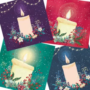 A selection of festive Christmas cards from The Leprosy Mission, featuring four unique candle-themed designs in a 20-pack collection perfect for seasonal greetings.