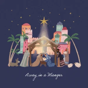 A set of 10 The Leprosy Mission Christmas cards featuring a beautiful Away in a Manger Nativity scene, ideal for holiday greetings.