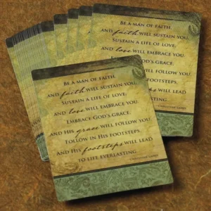 A durable laminated prayer card featuring the inspirational phrase Be A Man of Faith, designed as a portable Christian evangelism tool.