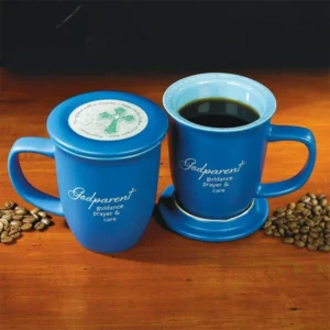 A ceramic coaster mug featuring a matte exterior with the quote Godparent guidance prayer and care and a matching lid coaster set for gift-giving.