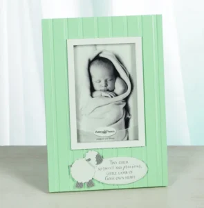 Mint green 3D baby boy photo frame from our figurines and ornaments collection, featuring a decorative lamb illustration and sentimental religious verse.