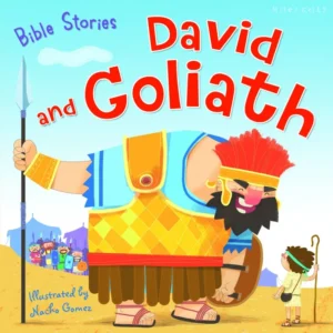 A colorful, illustrated scene from the children's story book David and Goliath, perfect for engaging young readers in Bible stories.