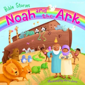 A colorful illustrated page from a children's story book showing Noah standing in front of the ark with various animals, as part of a collection of religious children's bibles and story books.