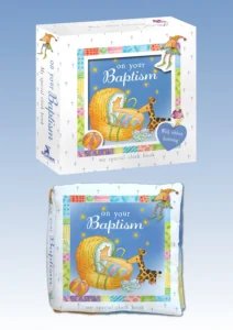Soft cloth book titled On Your Baptism featuring gentle illustrations, designed as a tactile keepsake for children's bibles and story books collections.