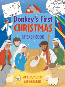A colorful Donkey's First Christmas sticker book cover featuring a cute illustrated donkey, designed to engage children with festive nativity stories from our collection of Christmas books.