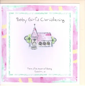 Delicate Potty Mouse greetings card celebrating a baby girl's christening, featuring an adorable illustration on a crisp white background with a subtle border.