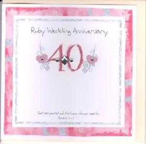 A hand-finished Potty Mouse Ruby Wedding Anniversary greetings card, featuring a charming design. This decorative card is perfect for celebrating special wedding and anniversary milestones, and suitable for engagement, wedding, and anniversary occasions.