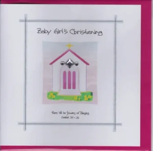 A hand-finished Potty Mouse greetings card for a baby girl featuring a delicate design suitable for a Christening celebration, measuring 146x146mm and paired with a 100gsm envelope.