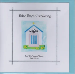 Potty Mouse baby boy's Christening greetings card featuring a cute mouse illustration, perfect for celebrating a special religious occasion. This Christening card includes a 100gsm envelope and is hand-finished.