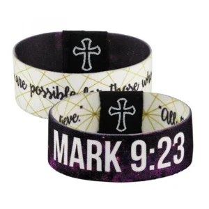 A stretch-fit neoprene wristband from our collection of bracelets, featuring the inspirational quote All things are possible for those who believe printed on a reversible design.