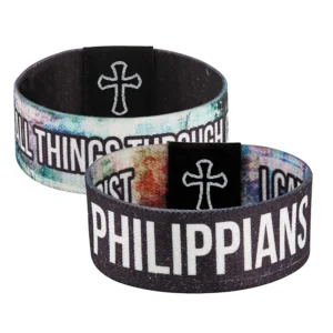 A soft, elasticated reversible wristband featuring an inspirational quote, designed as a durable, urban-style bracelet for casual everyday wear.