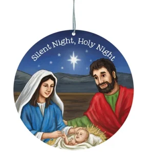 Round 3-inch Silent Night hanging decoration featuring a vibrant nativity scene illustration, perfect for Christmas gifts and holiday home decor.