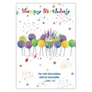 A colorful birthday greeting card for a child, presented with its matching envelope in a portrait format measuring 136mm by 196mm.