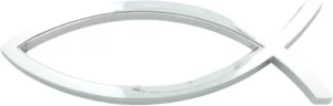 A sleek silver Ichthus fish car emblem, representing a classic Christian gift, attached to a vehicle surface to display faith.