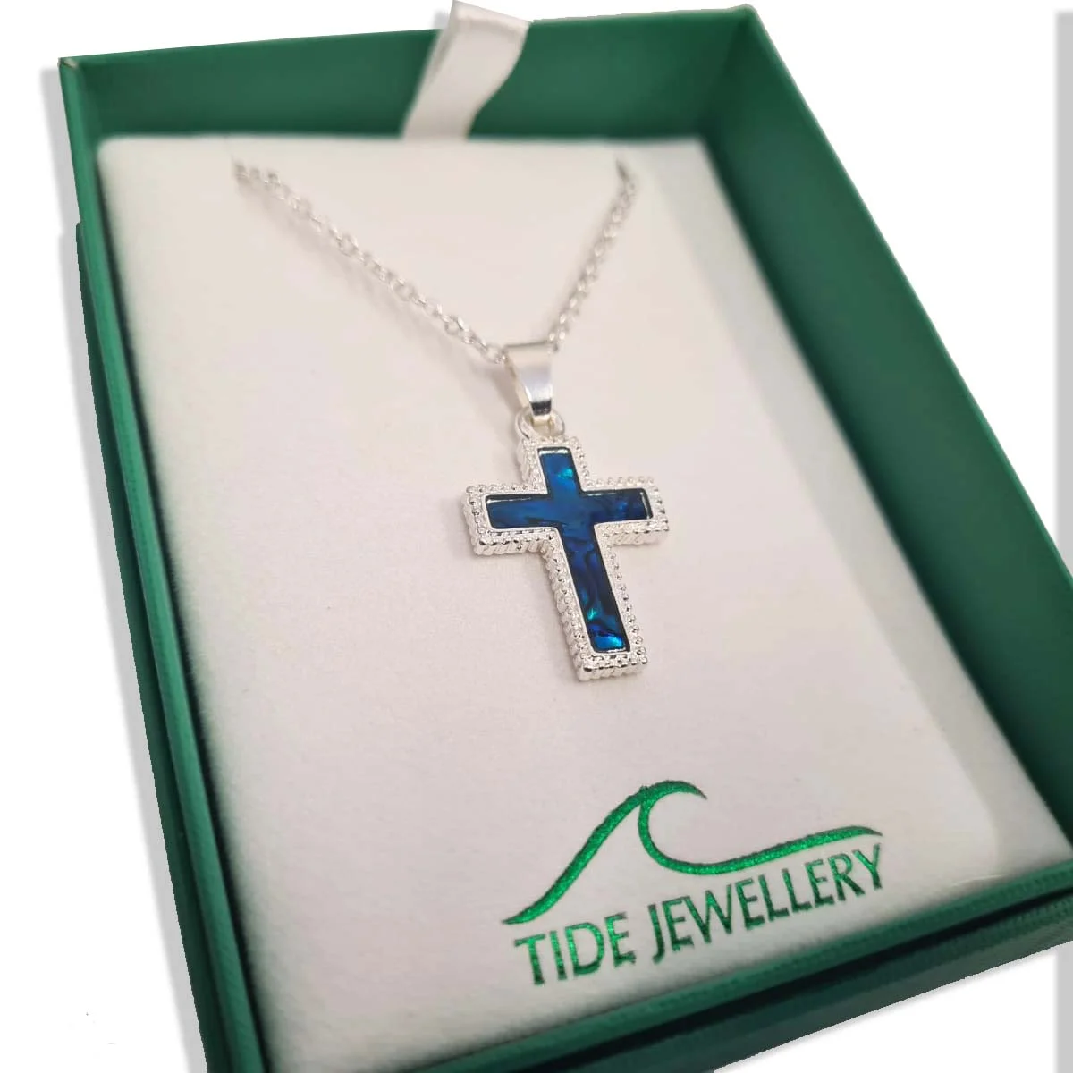 Inlaid Paua Shell Cross Pendant Silver Plated Blue