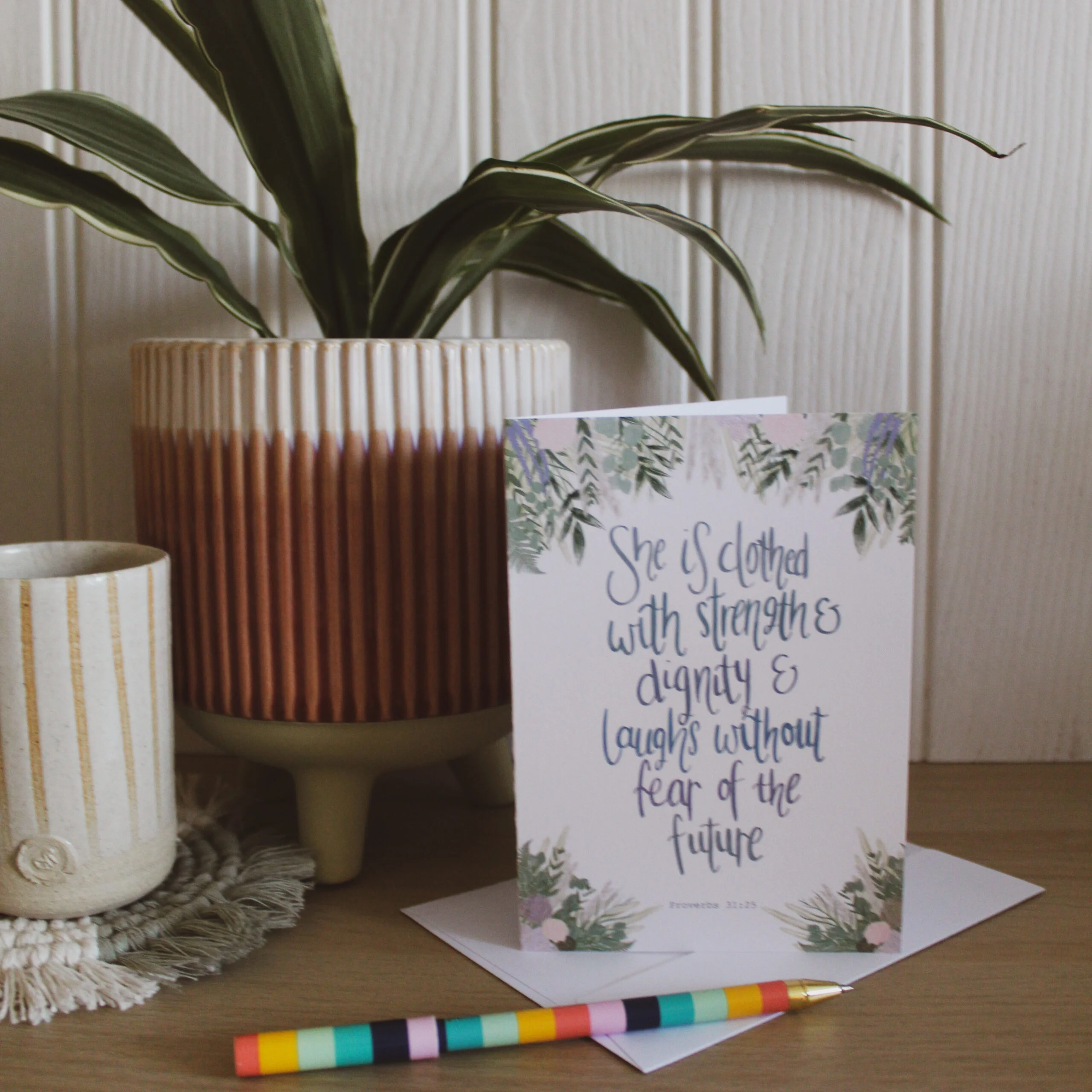 Proverbs 31:25 Floral Border Greetings Card