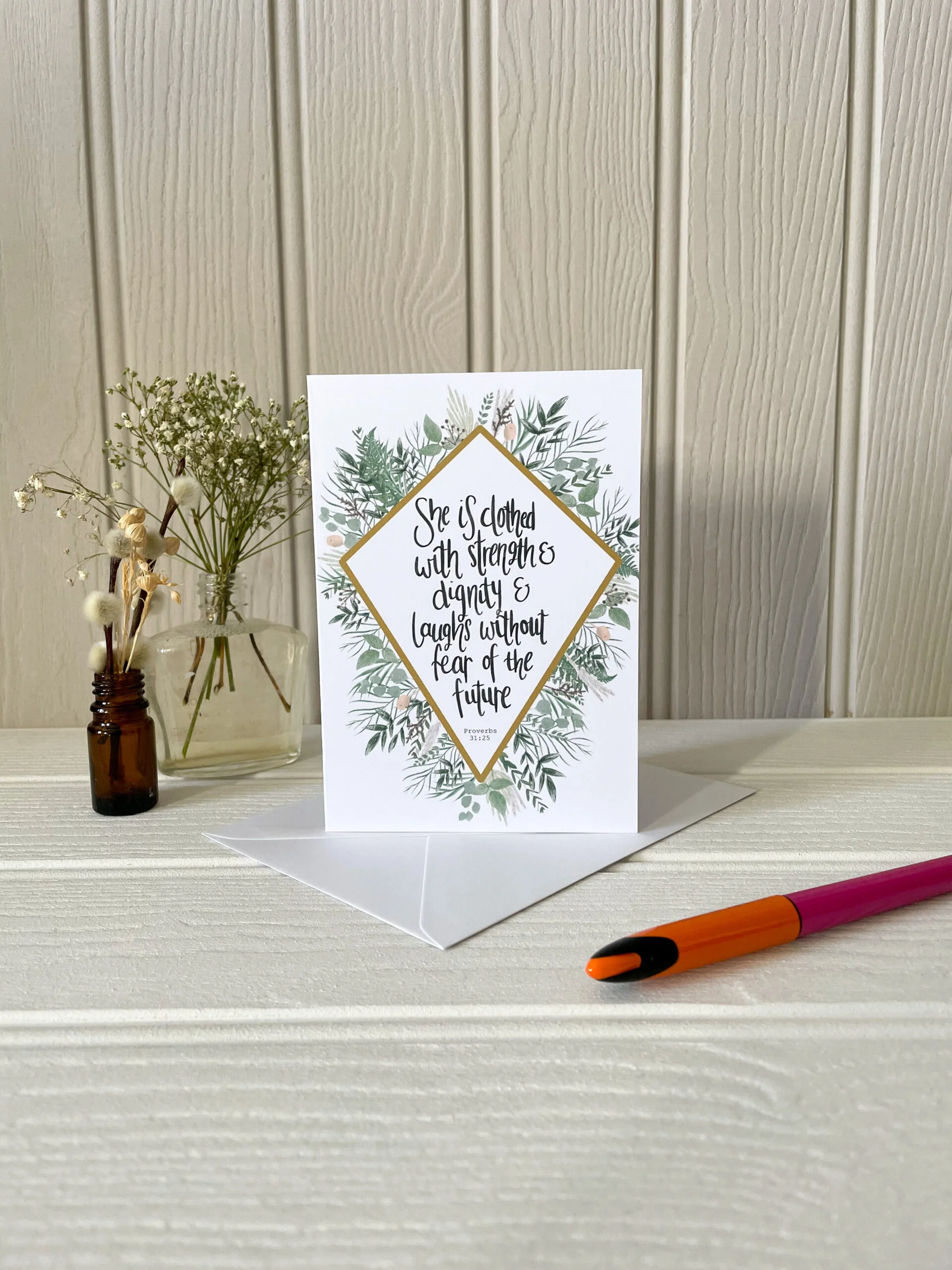 Proverbs 31:25 Diamond Border Greetings Card