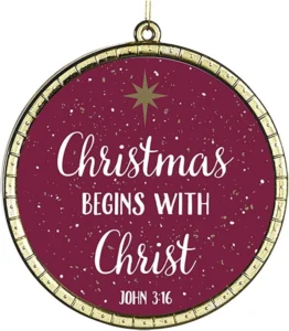 Round clear glass Christmas ornament featuring the scripture John 3:16 and the text Christmas Begins With Christ, complete with a festive ribbon hanger for holiday tree display in our ornaments collection.