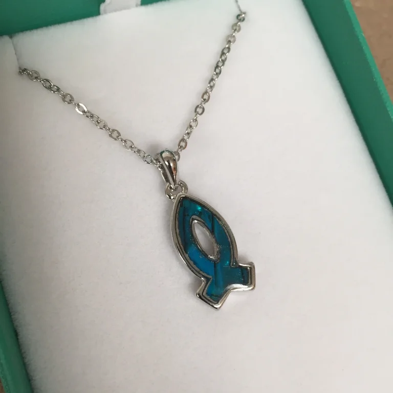 Inlaid Paua Shell Ichthus Fish Pendant in Blue
