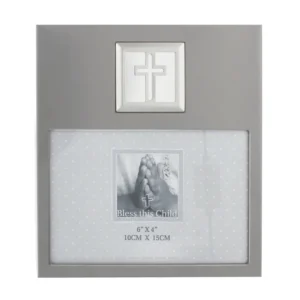 A sleek silver aluminium confirmation photo frame featuring an embossed cross symbol, designed to hold a 6 by 4 inch religious keepsake photo.