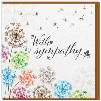 Close-up of a textured white sympathy card featuring a delicate dandelion design, accompanied by a vibrant colored envelope. This thoughtful greeting card is perfect for expressing sympathy and thinking of you to loved ones.