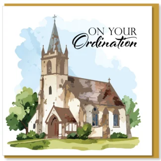 A beautiful church-themed ordination greetings card from the Jacqui Grace collection, featuring an inspirational design on textured card stock, accompanied by its matching colored envelope. Perfect for celebrating an ordination occasion, this Christian card includes a meaningful scripture.