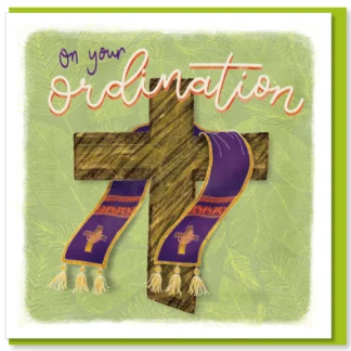 A beautifully designed Christian ordination greeting card featuring an elegant cross and robe illustration. The inspirational card is printed on textured paper and comes with a vibrant colored envelope, perfect for celebrating religious ordinations.