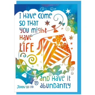 A beautifully designed 'Abundant Life' encouragement card, featuring the John 10:10 scripture verse, printed on textured paper. The image shows the inspirational Christian card alongside its vibrant colored envelope, ideal for thoughtful scripture cards and encouragement.