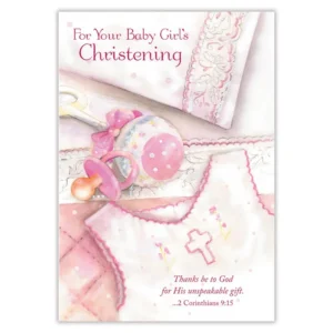 A beautiful greetings card for a girl's christening ceremony, presented in a portrait-oriented design with an included envelope, perfect for religious baby celebrations.