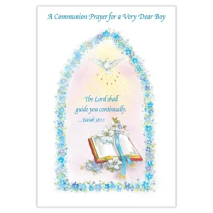 A decorative 1st Holy Communion greeting card for boys, presented with a matching envelope for a religious celebration.