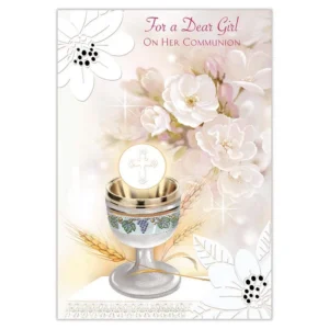 A decorative 1st Holy Communion greetings card for girls featuring an envelope, presented in a portrait orientation.