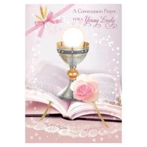 A decorative 1st Holy Communion greeting card for girls featuring an elegant design and matching envelope.