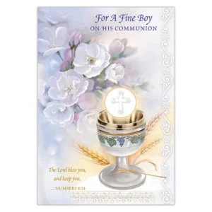 A decorative 1st Holy Communion card for a boy, presented with a matching white envelope for a religious celebration.