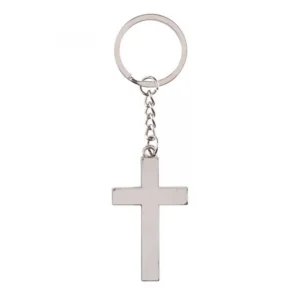 A silver plated cross keyring featuring an inspirational card with the Bible verse Philippians 4:13, perfect as a religious gift or church giveaway.