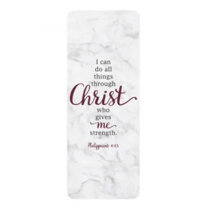 A durable laminated cardstock bookmark from our pens and bookmarks collection featuring the Philippians 4:13 Bible verse, perfect for marking pages in your prayer book or Bible.