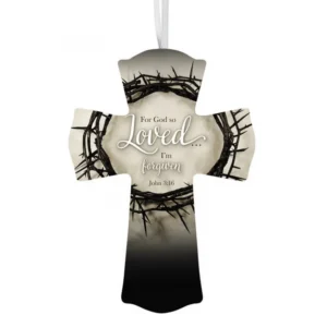 Decorative wood hanging plaque featuring the engraved verse John 3:16 and a ribbon hanger, ideal for Easter religious home decor.