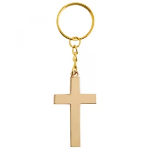 A decorative metal cross keyring attached to an inspirational gift card featuring the Bible verse John 3:16 for religious gifts and favors.