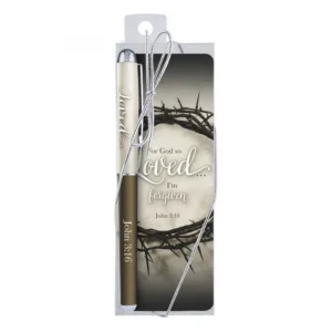 A decorative religious pen and bookmark set in a gift box with a silver bow, ideal for inspirational gift-giving.