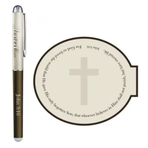 A religious stationery gift set featuring a decorative pen and a 50-sheet notepad printed with the Bible verse John 3:16 on the border, ideal for inspirational journaling or daily notes.